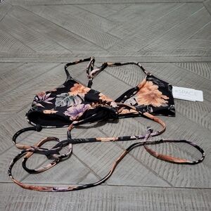 l*space Black Floral Triangle Bikini Top with Peach & Lavender Accents